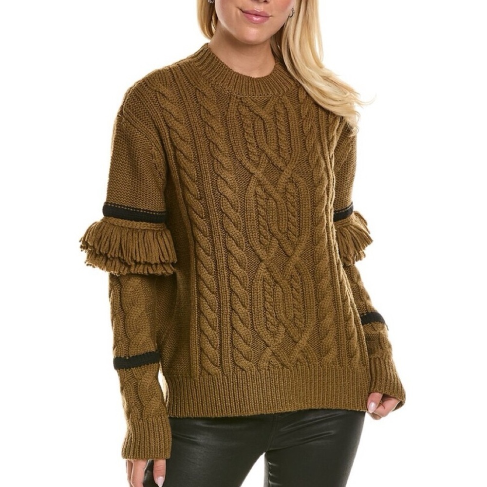 Pearl by Lela Rose Fringe Detail Cable Knit Wool-Blend Sweater Small